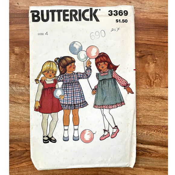 UNCUT Vintage 1980s Butterick 3369 Sewing Pattern Size 4 Toddler Dress & Jumper - Picture 1 of 2